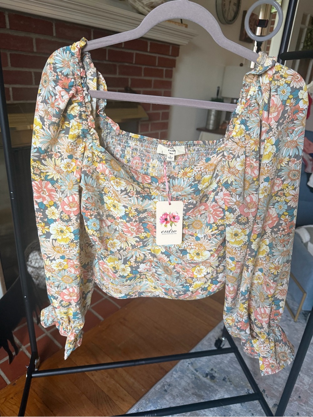 entro Floral Smocked Square-Neck Crop Top in Peach, Yellow & Sky Blue